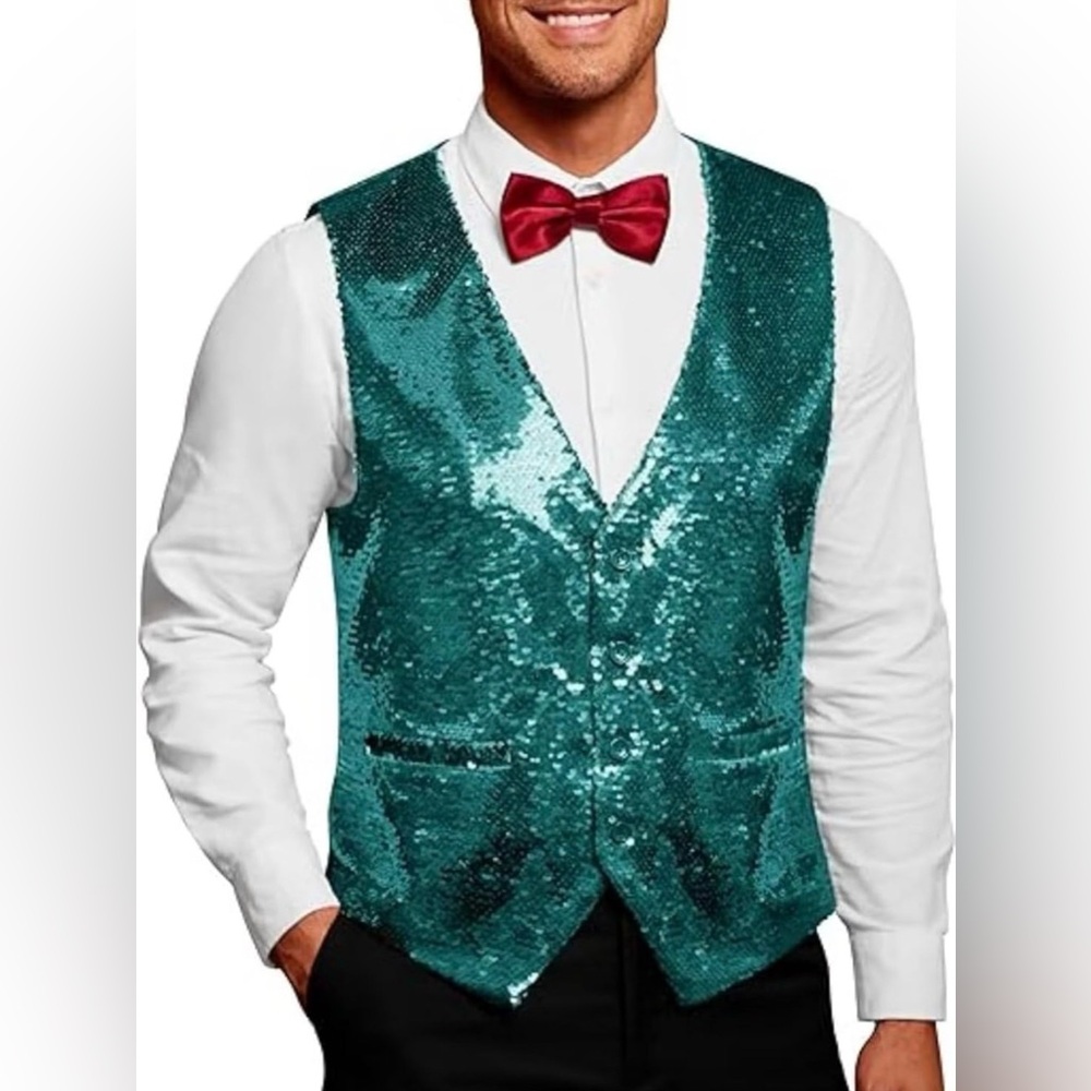 Mens V Neck Sequin Shiny Suit Vest Sleeveless Slim Fit Dress Waistcoat Bowtie